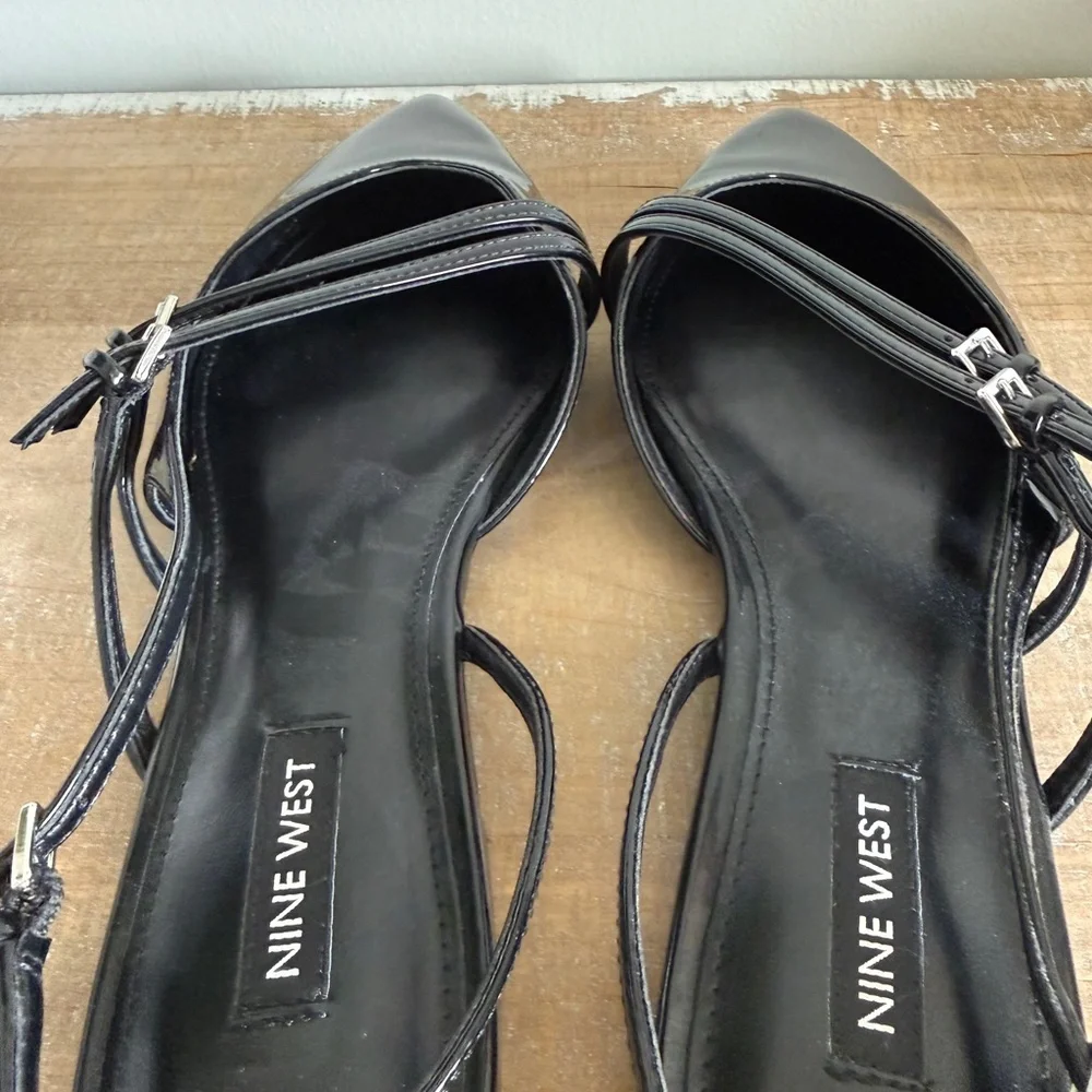 Nine West Black Patent Pointed Slingback Flats with Double Straps